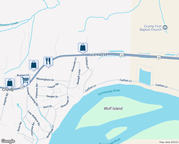 map of restaurants, bars, coffee shops, grocery stores, and more near 190 Catfish Ln in Crump