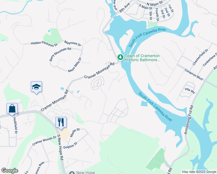 map of restaurants, bars, coffee shops, grocery stores, and more near 571 Baltimore Drive in Cramerton