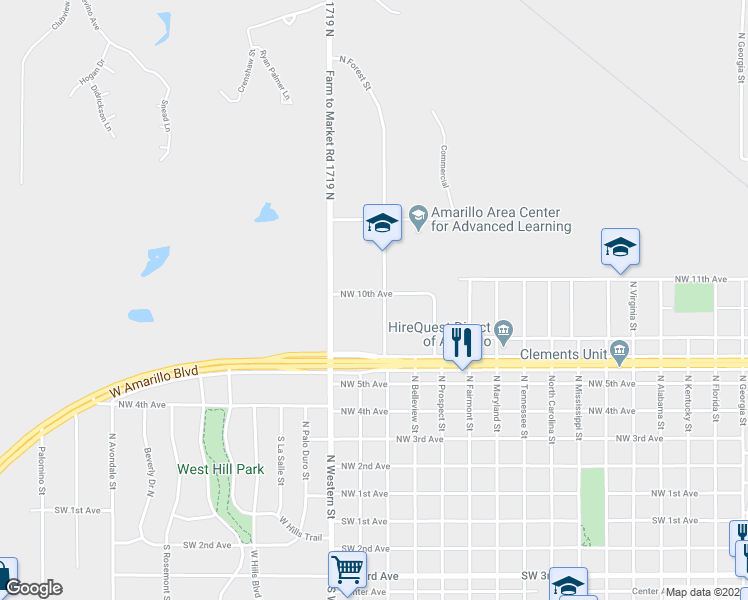 map of restaurants, bars, coffee shops, grocery stores, and more near 839 North Forest Street in Amarillo