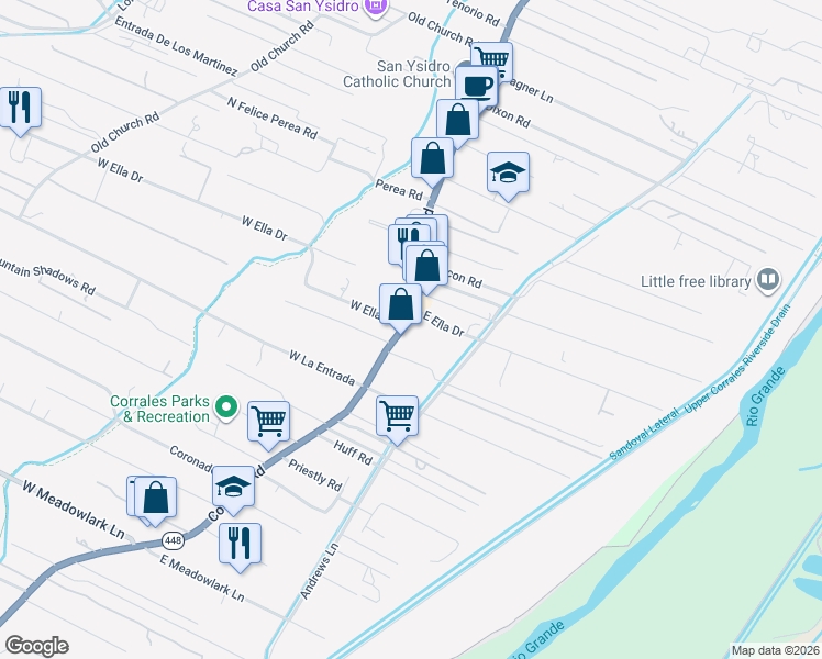 map of restaurants, bars, coffee shops, grocery stores, and more near 4478 Corrales Road in Corrales