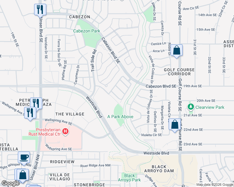 map of restaurants, bars, coffee shops, grocery stores, and more near 2508 Mesa Crotalo Road Southeast in Rio Rancho