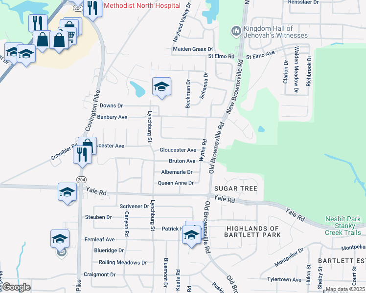 map of restaurants, bars, coffee shops, grocery stores, and more near 5361 Timberdale Avenue in Memphis