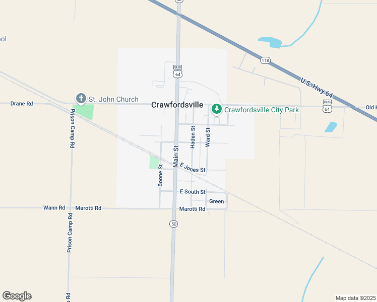 map of restaurants, bars, coffee shops, grocery stores, and more near 304 Haden Street in Crawfordsville
