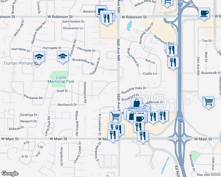 map of restaurants, bars, coffee shops, grocery stores, and more near 3613 Hampton Court in Norman