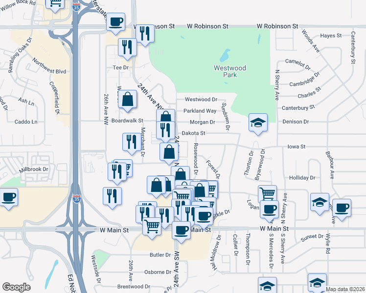 map of restaurants, bars, coffee shops, grocery stores, and more near 507 24th Avenue Northwest in Norman