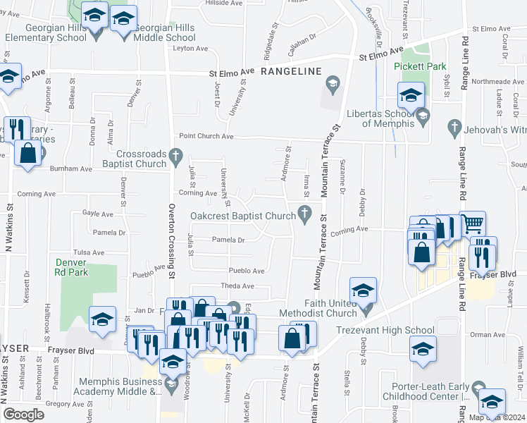 map of restaurants, bars, coffee shops, grocery stores, and more near 2310 Pamela Drive in Memphis