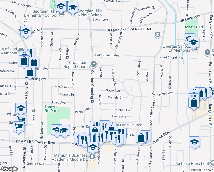 map of restaurants, bars, coffee shops, grocery stores, and more near 3629 Fiat Cove in Memphis