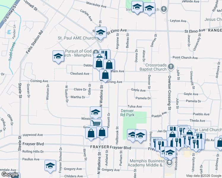 map of restaurants, bars, coffee shops, grocery stores, and more near 3614 Kensett Drive in Memphis