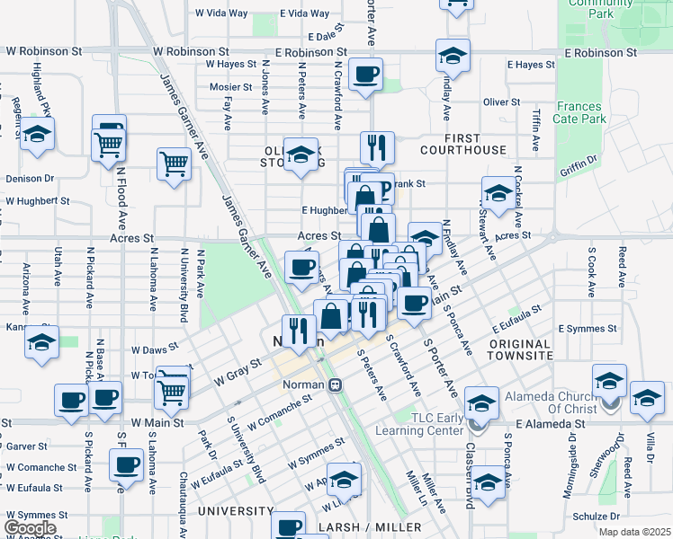 map of restaurants, bars, coffee shops, grocery stores, and more near 212 East Daws Street in Norman