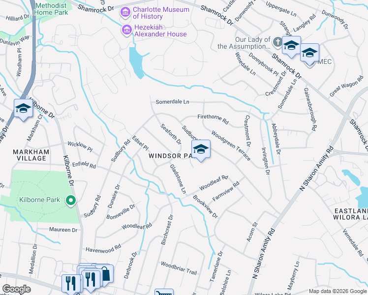 map of restaurants, bars, coffee shops, grocery stores, and more near 4033 Seaforth Drive in Charlotte