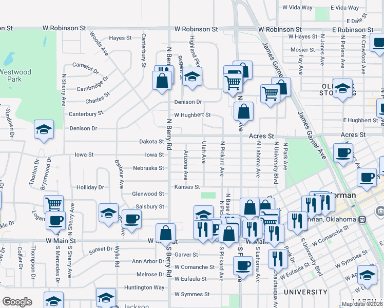 map of restaurants, bars, coffee shops, grocery stores, and more near 803 Iowa Street in Norman
