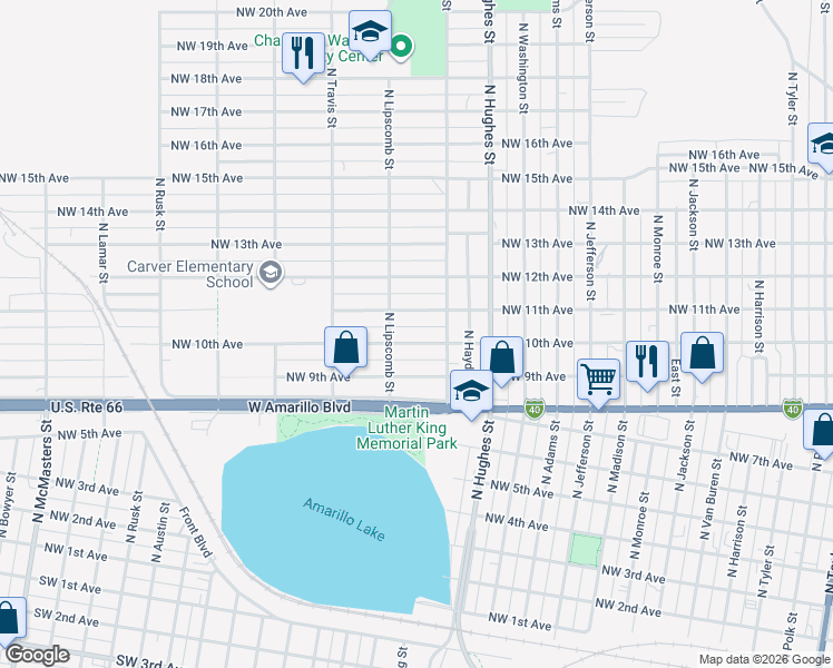 map of restaurants, bars, coffee shops, grocery stores, and more near 1326 Northwest 10th Avenue in Amarillo