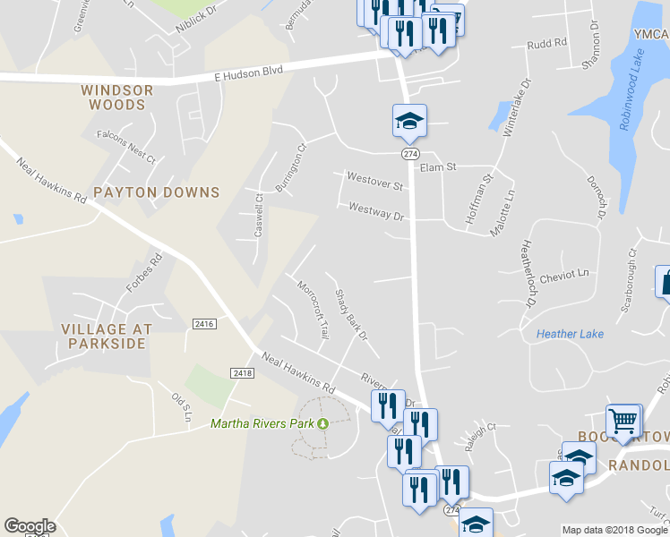map of restaurants, bars, coffee shops, grocery stores, and more near 1316 Shady Bark Drive in Gastonia