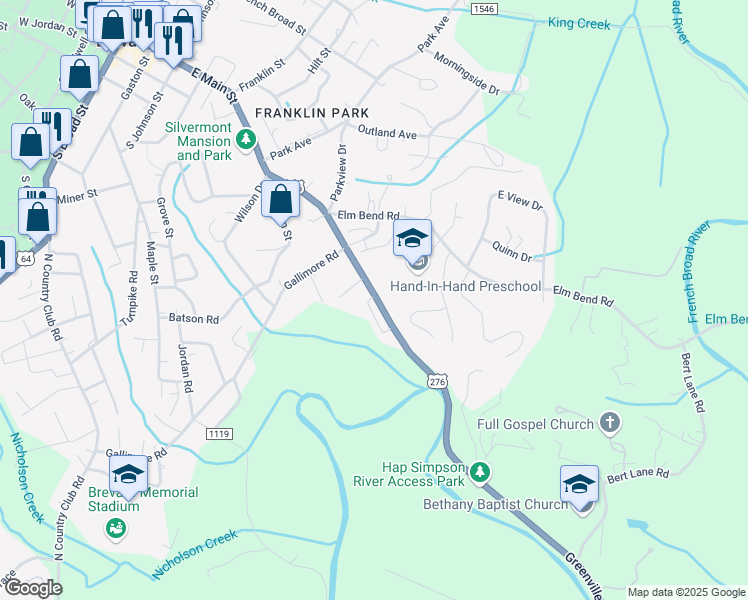 map of restaurants, bars, coffee shops, grocery stores, and more near 400 Greenville Highway in Brevard