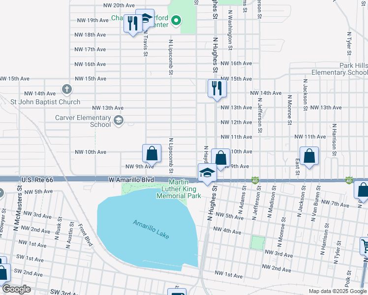 map of restaurants, bars, coffee shops, grocery stores, and more near 1326 Northwest 10th Avenue in Amarillo