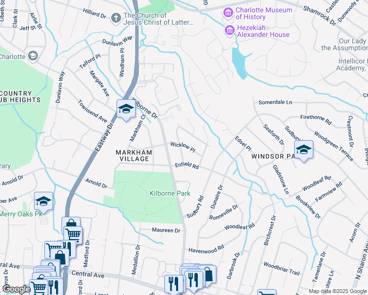 map of restaurants, bars, coffee shops, grocery stores, and more near 2301 Amesbury Avenue in Charlotte