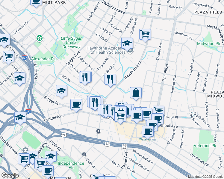 map of restaurants, bars, coffee shops, grocery stores, and more near 1111 Hawthorne Lane in Charlotte