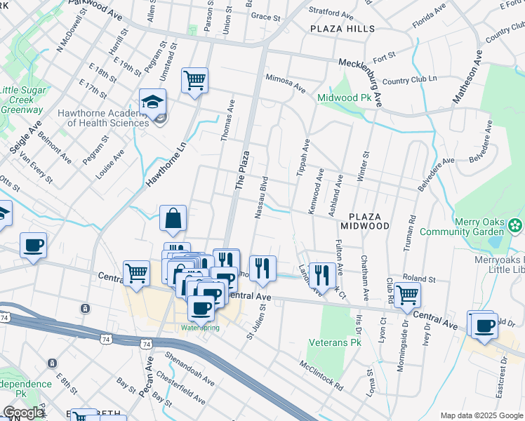 map of restaurants, bars, coffee shops, grocery stores, and more near 1801 Browning Avenue in Charlotte