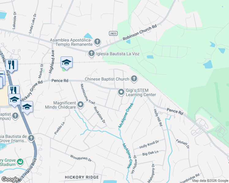 map of restaurants, bars, coffee shops, grocery stores, and more near 6725 Heatherwood Lane in Charlotte
