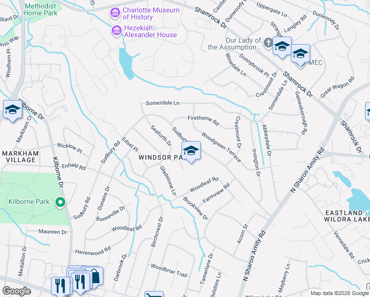 map of restaurants, bars, coffee shops, grocery stores, and more near 3850 Sudbury Road in Charlotte
