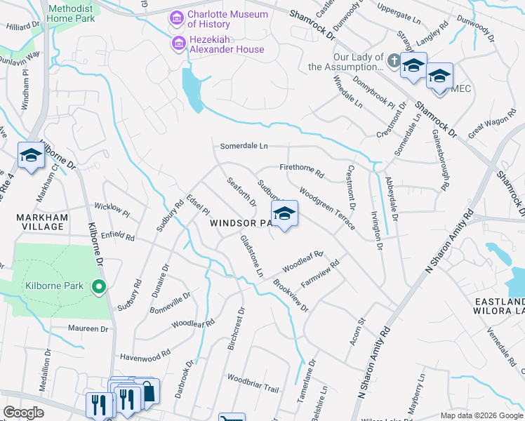 map of restaurants, bars, coffee shops, grocery stores, and more near 4033 Seaforth Drive in Charlotte