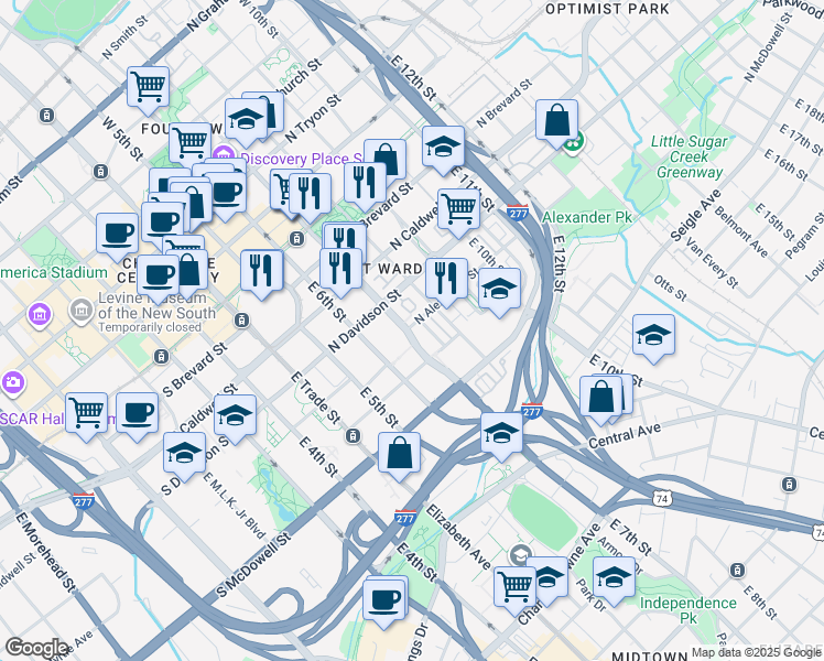 map of restaurants, bars, coffee shops, grocery stores, and more near 401 North Alexander Street in Charlotte