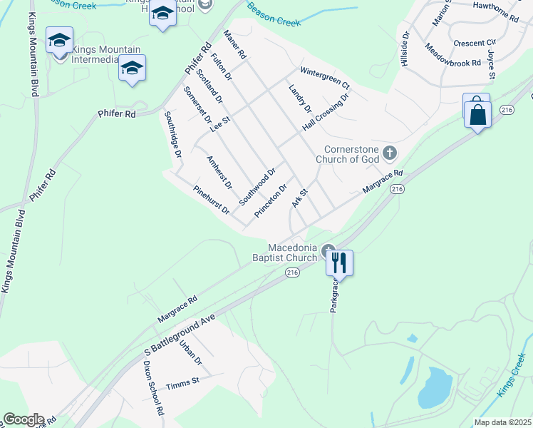 map of restaurants, bars, coffee shops, grocery stores, and more near 805 Princeton Dr in Kings Mountain