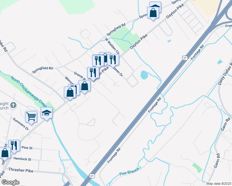 map of restaurants, bars, coffee shops, grocery stores, and more near 205 Eveningside Drive in Soddy-Daisy