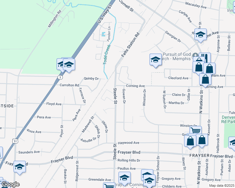 map of restaurants, bars, coffee shops, grocery stores, and more near 1404 Briercrest Lane in Memphis