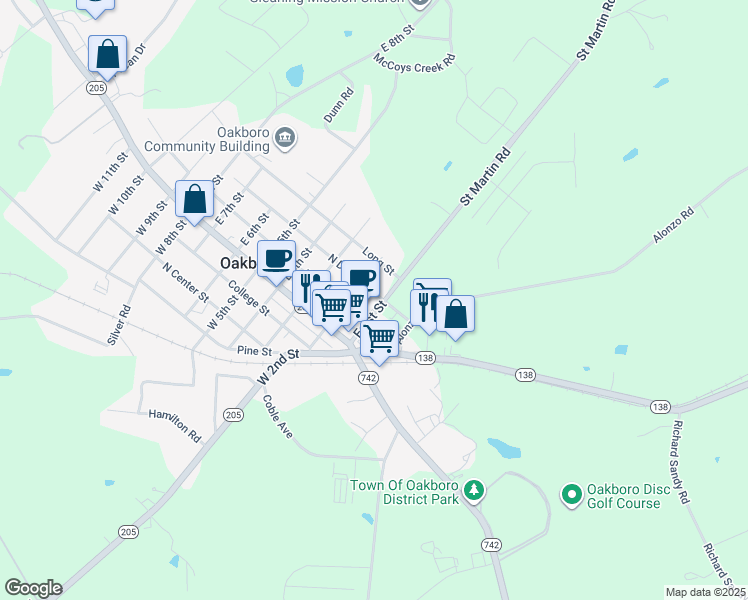 map of restaurants, bars, coffee shops, grocery stores, and more near 221 East 1st Street in Oakboro