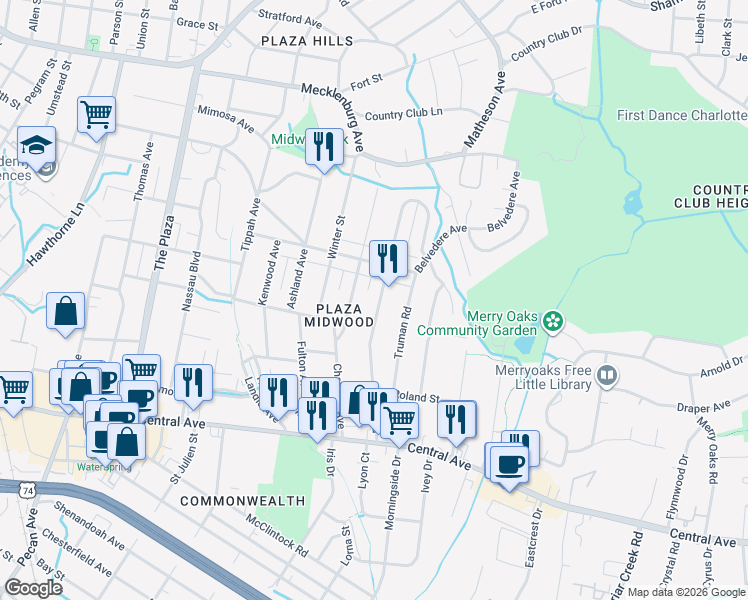 map of restaurants, bars, coffee shops, grocery stores, and more near 1927 Club Rd in Charlotte