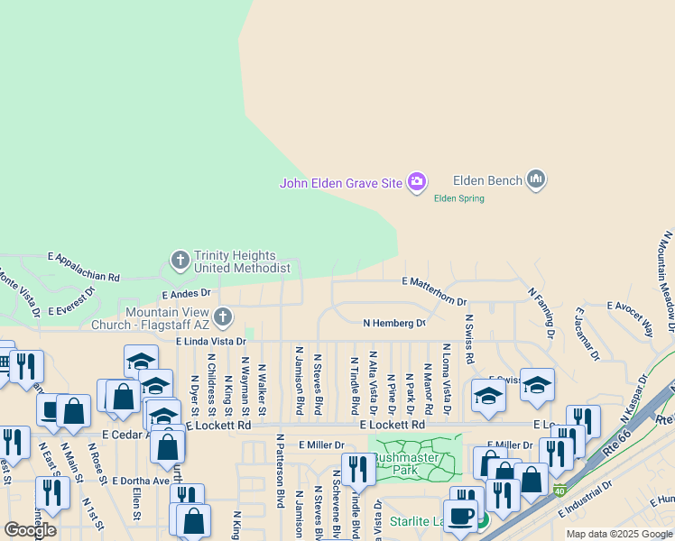 map of restaurants, bars, coffee shops, grocery stores, and more near 2238 North Hemberg Drive in Flagstaff