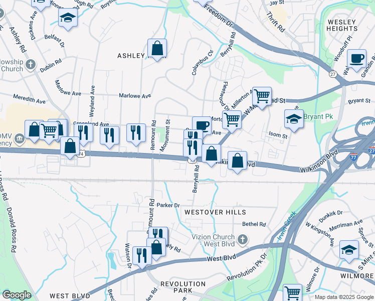 map of restaurants, bars, coffee shops, grocery stores, and more near 2220 Berryhill Road in Charlotte
