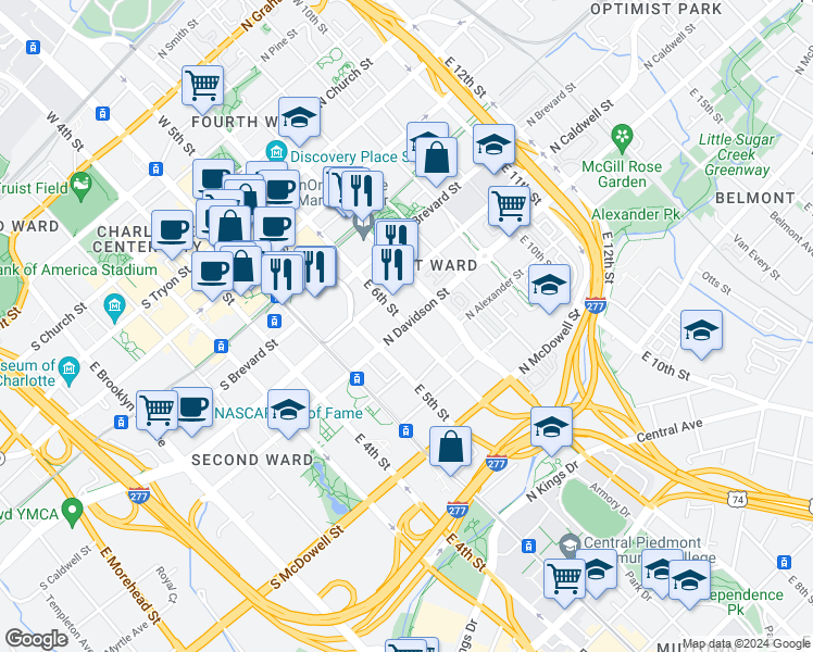 map of restaurants, bars, coffee shops, grocery stores, and more near N Davidson St & E 6th St in Charlotte