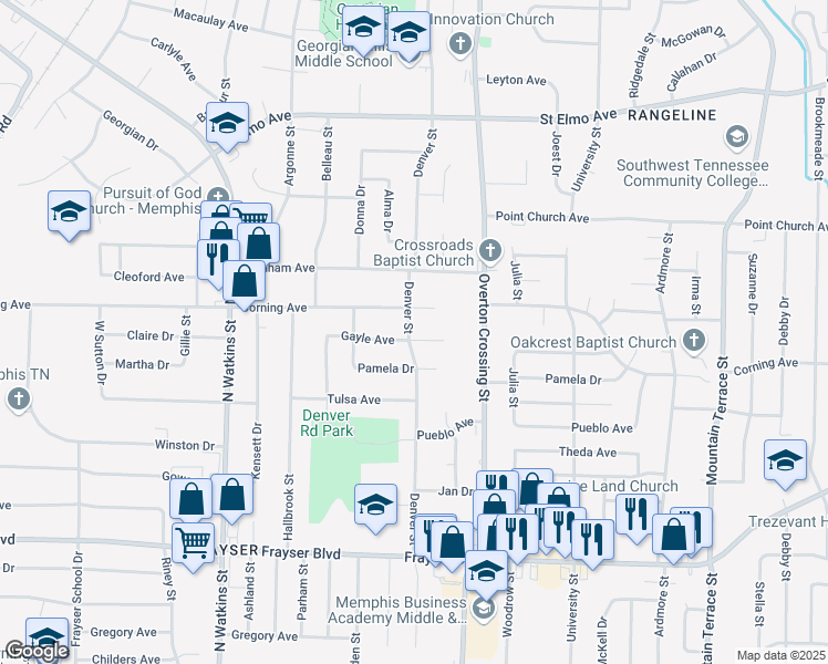 map of restaurants, bars, coffee shops, grocery stores, and more near 2032 Gayle Avenue in Memphis