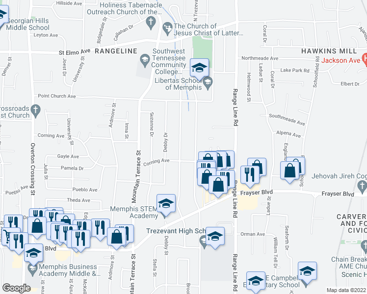 map of restaurants, bars, coffee shops, grocery stores, and more near 3620 Brookmeade Street in Memphis