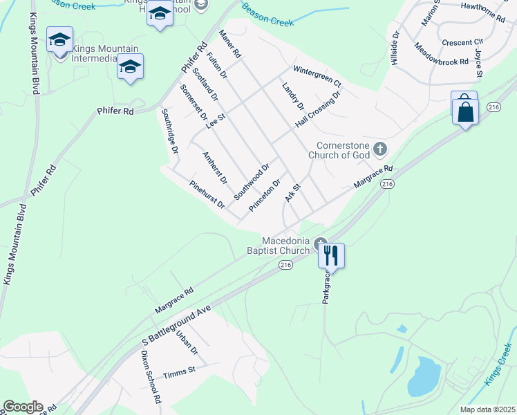map of restaurants, bars, coffee shops, grocery stores, and more near 805 Princeton Drive in Kings Mountain