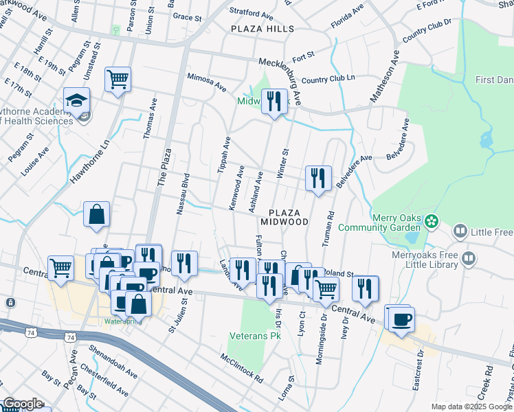 map of restaurants, bars, coffee shops, grocery stores, and more near 1912 Ashland Ave in Charlotte