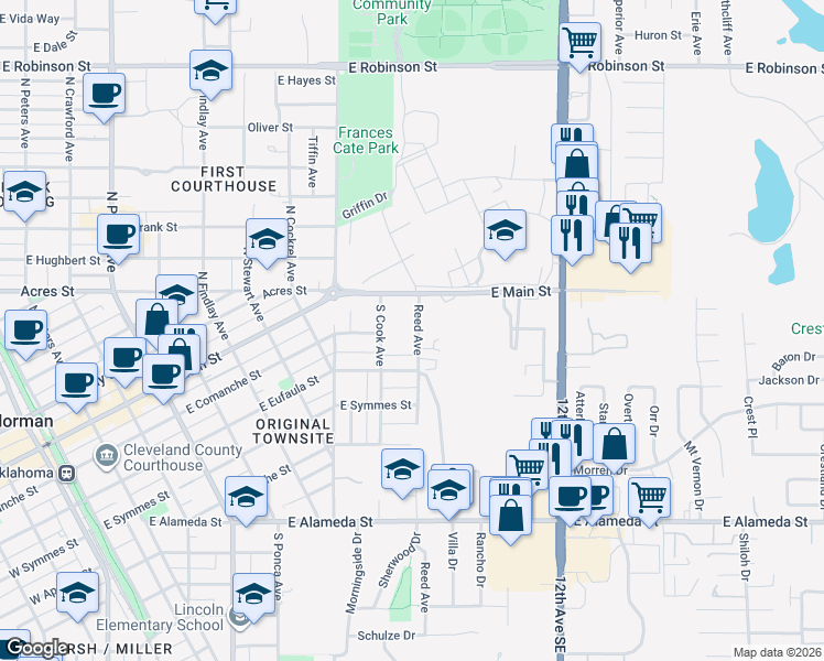 map of restaurants, bars, coffee shops, grocery stores, and more near 136 Reed Avenue in Norman