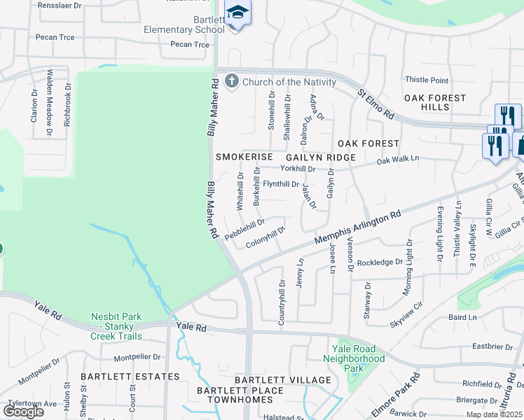 map of restaurants, bars, coffee shops, grocery stores, and more near 3612 Burkehill Drive in Memphis