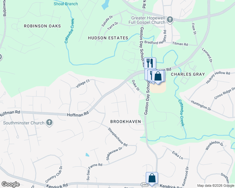 map of restaurants, bars, coffee shops, grocery stores, and more near 2510 Castlewood Drive in Gastonia