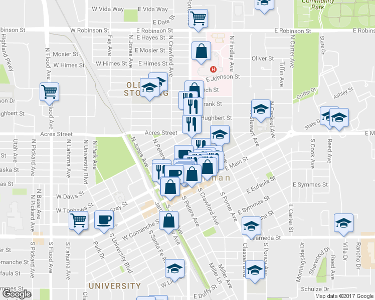 map of restaurants, bars, coffee shops, grocery stores, and more near 311 East Tonhawa Street in Norman