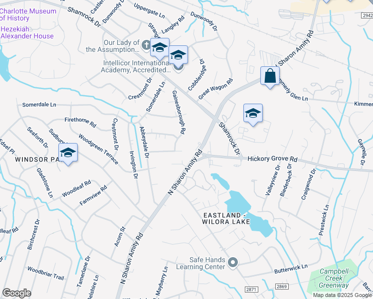 map of restaurants, bars, coffee shops, grocery stores, and more near 4517 Ivanhoe Place in Charlotte