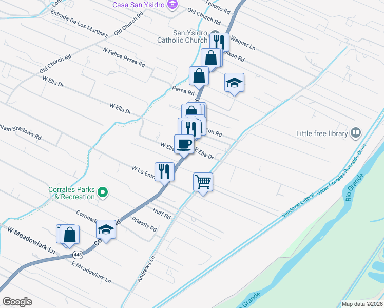 map of restaurants, bars, coffee shops, grocery stores, and more near 4478 Corrales Road in Corrales
