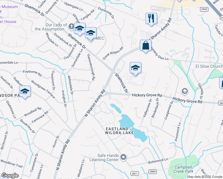 map of restaurants, bars, coffee shops, grocery stores, and more near 4821 Hickory Grove Road in Charlotte