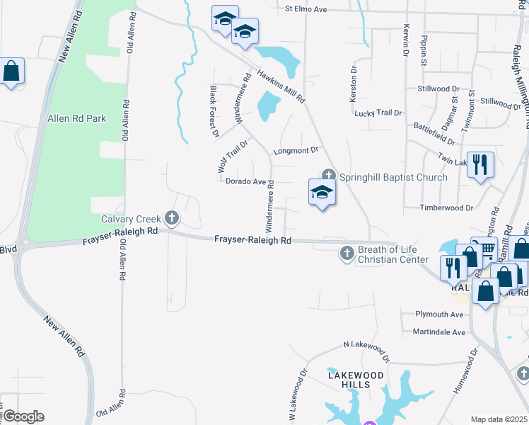 map of restaurants, bars, coffee shops, grocery stores, and more near 3621 Windermere Road in Memphis