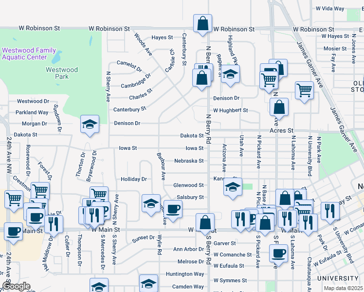 map of restaurants, bars, coffee shops, grocery stores, and more near 1225 Iowa Street in Norman