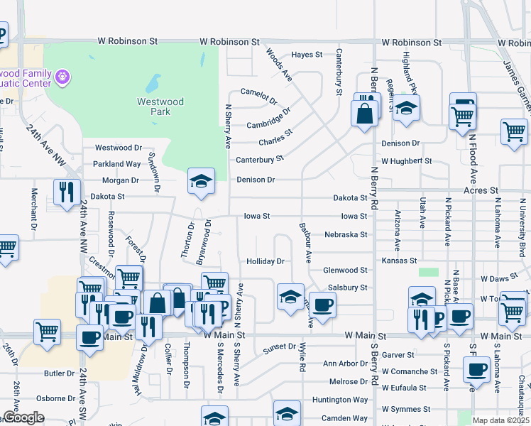 map of restaurants, bars, coffee shops, grocery stores, and more near 1607 Iowa Street in Norman