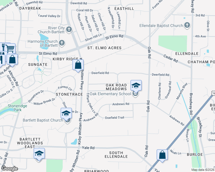 map of restaurants, bars, coffee shops, grocery stores, and more near 6933 Quailfield Lane in Bartlett