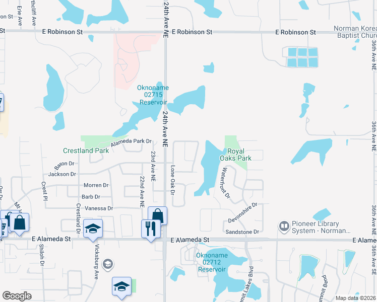 map of restaurants, bars, coffee shops, grocery stores, and more near 525 Woodsong Drive in Norman